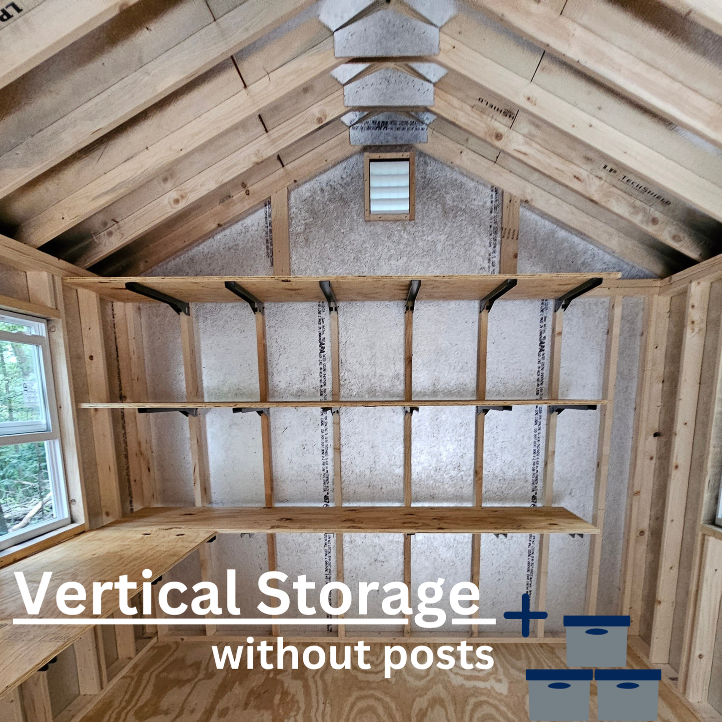 3 rows of vertical shelving made with heavy duty shelf brackets in a storage building or garage