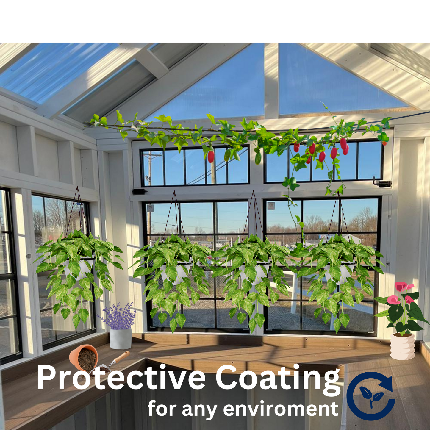A shelf in a green house made with heavy duty brackets with a protective coating