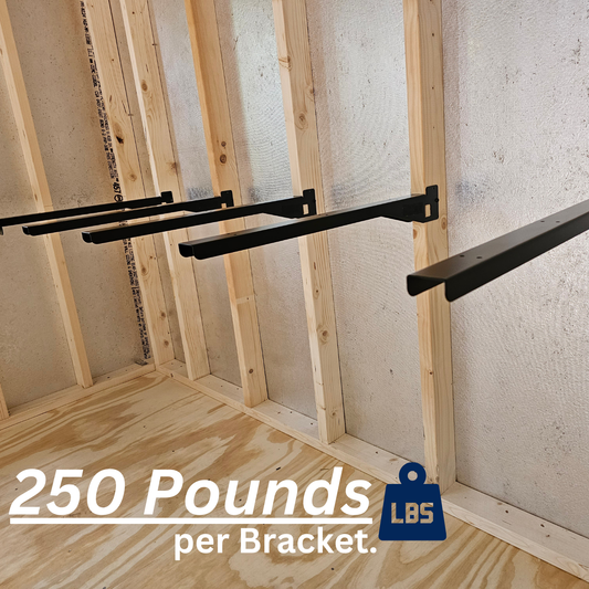 Heavy Duty brackets mounted to a storage or garage wall to make shelves very easily.
